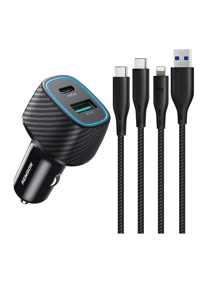 Trio Pack PD Fast Car Charger With Type-C And Lightning Cable Black