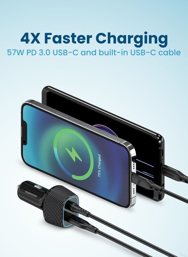 Remson Presto Charge 57W Super-Fast Power Delivery 3.0 Car Charger USB-C Port with Built-In USB-C Cable Compatible with iPhone13/12 Pro/Max/iPhone 11/Galaxy/Samsung S22