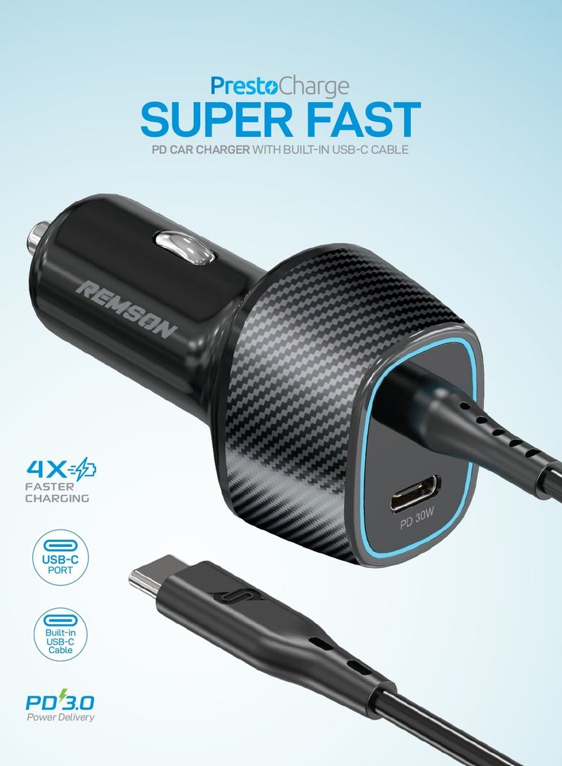 Remson Presto Charge 57W Super-Fast Power Delivery 3.0 Car Charger USB-C Port with Built-In USB-C Cable Compatible with iPhone13/12 Pro/Max/iPhone 11/Galaxy/Samsung S22