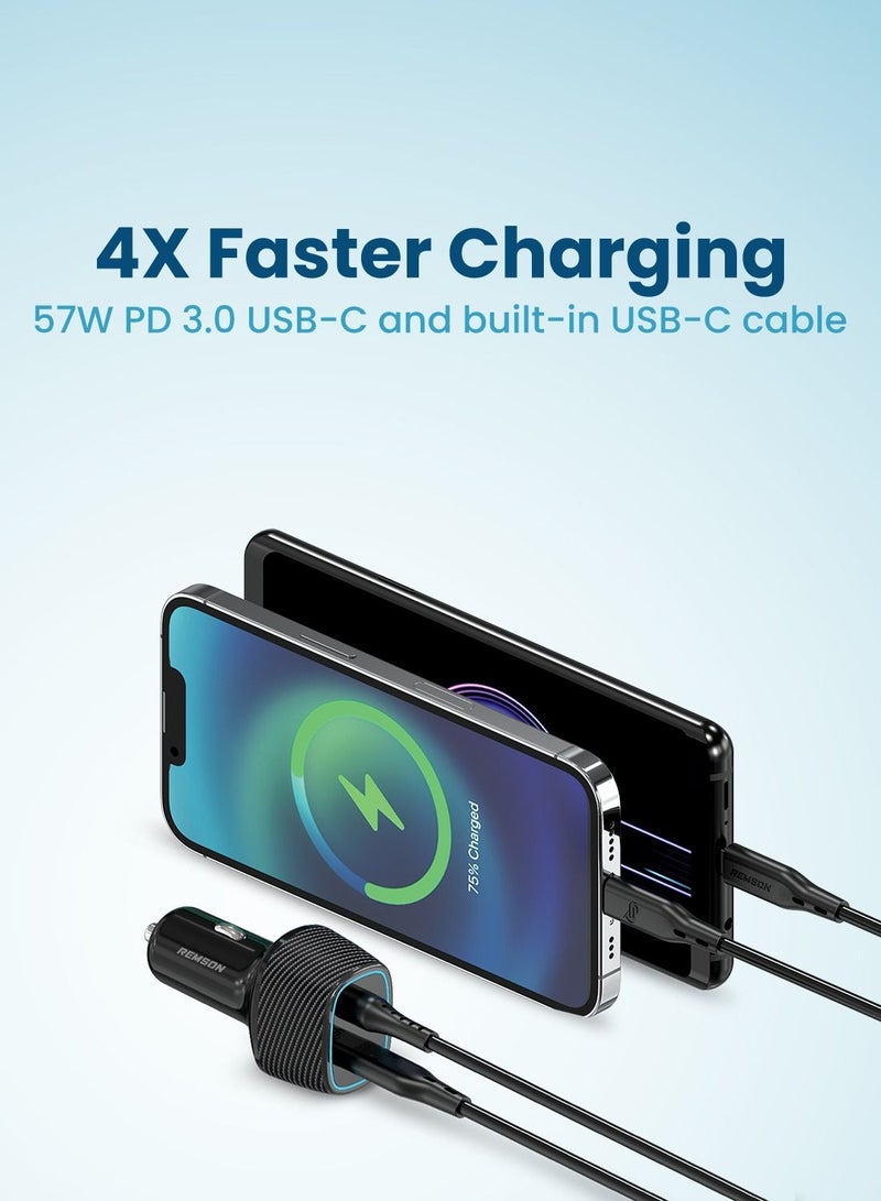 Remson Presto Charge 57W Super-Fast Power Delivery 3.0 Car Charger USB-C Port with Built-In Lightning Cable Compatible with iPhone 14 Pro Max/14 Plus/13 Pro Max/12