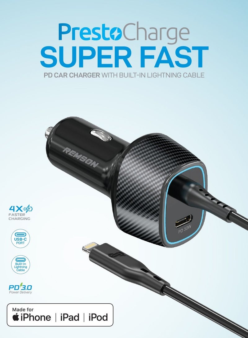 Remson Presto Charge 57W Super-Fast Power Delivery 3.0 Car Charger USB-C Port with Built-In Lightning Cable Compatible with iPhone 14 Pro Max/14 Plus/13 Pro Max/12