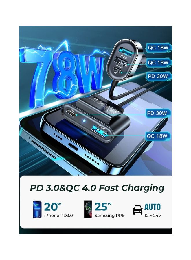Usb C 78W Fast Car Charger 5 Multi Port Pd3.0 And Pps Double Type C Adapter Qc3.0 Car Cell Phone Charge For Iphone 14/13 Samsung Android Black