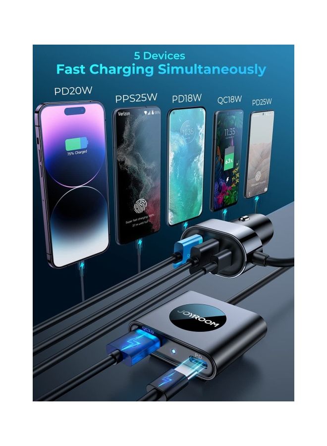Usb C 78W Fast Car Charger 5 Multi Port Pd3.0 And Pps Double Type C Adapter Qc3.0 Car Cell Phone Charge For Iphone 14/13 Samsung Android Black