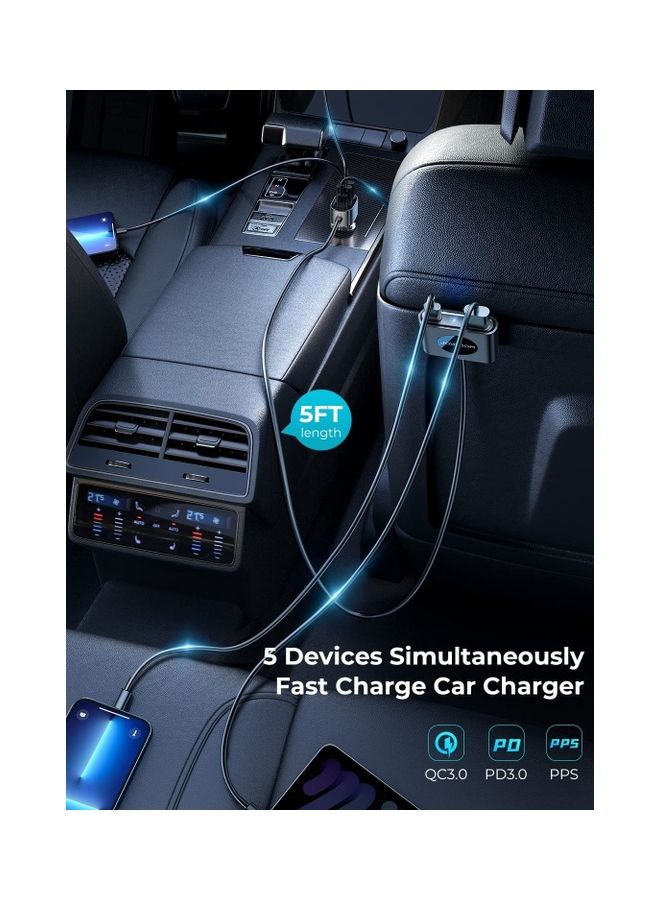 Usb C 78W Fast Car Charger 5 Multi Port Pd3.0 And Pps Double Type C Adapter Qc3.0 Car Cell Phone Charge For Iphone 14/13 Samsung Android Black