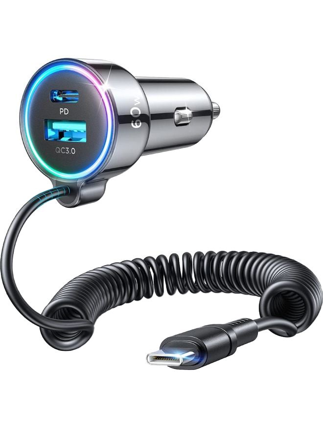 USB C Car Charger 60W 3 Port Super Fast PD QC3.0 With 5ft 30W Type C Coiled Cable For Samsung Galaxy S22 21 iPhone Google Pixel Moto LG Android iPad Pro Black