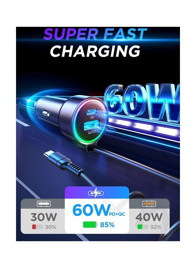 USB C Car Charger 60W 3 Port Super Fast PD QC3.0 With 5ft 30W Type C Coiled Cable For Samsung Galaxy S22 21 iPhone Google Pixel Moto LG Android iPad Pro Black