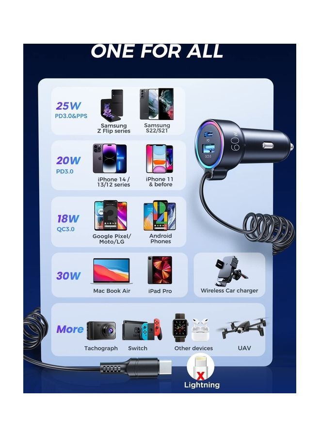 USB C Car Charger 60W 3 Port Super Fast PD QC3.0 With 5ft 30W Type C Coiled Cable For Samsung Galaxy S22 21 iPhone Google Pixel Moto LG Android iPad Pro Black
