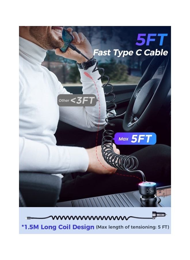 USB C Car Charger 60W 3 Port Super Fast PD QC3.0 With 5ft 30W Type C Coiled Cable For Samsung Galaxy S22 21 iPhone Google Pixel Moto LG Android iPad Pro Black