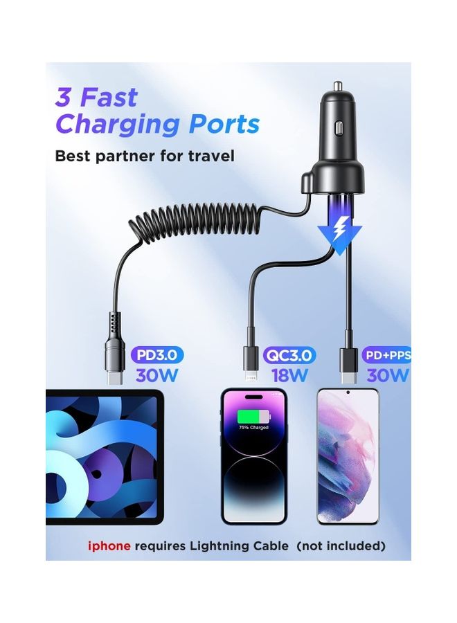 USB C Car Charger 60W 3 Port Super Fast PD QC3.0 With 5ft 30W Type C Coiled Cable For Samsung Galaxy S22 21 iPhone Google Pixel Moto LG Android iPad Pro Black