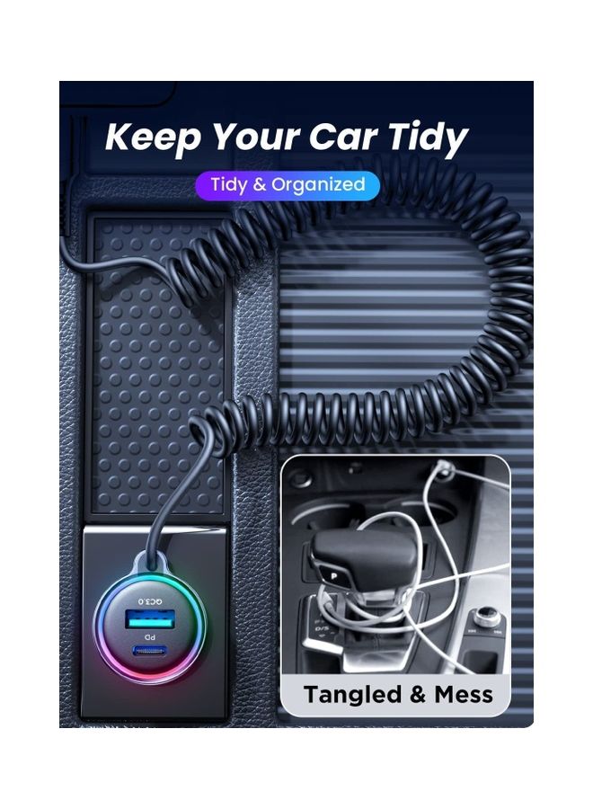 USB C Car Charger 60W 3 Port Super Fast PD QC3.0 With 5ft 30W Type C Coiled Cable For Samsung Galaxy S22 21 iPhone Google Pixel Moto LG Android iPad Pro Black