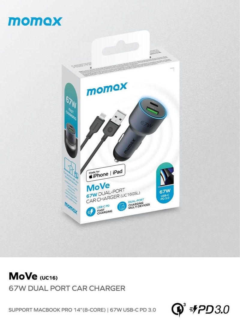 Move 67W Dual Port Car Charger with Lightning to USB-A Cable - Black