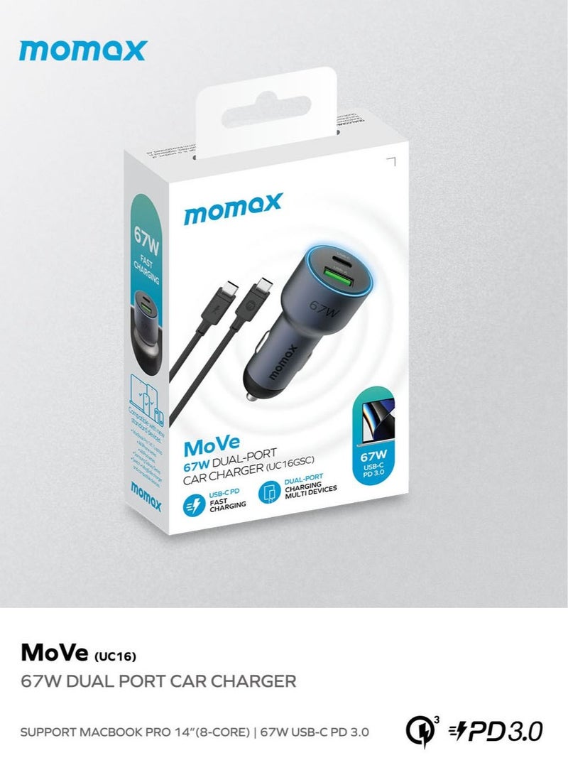 Move 67W Dual Port Car Charger with USB-C to USB-C Cable [100W] - Black