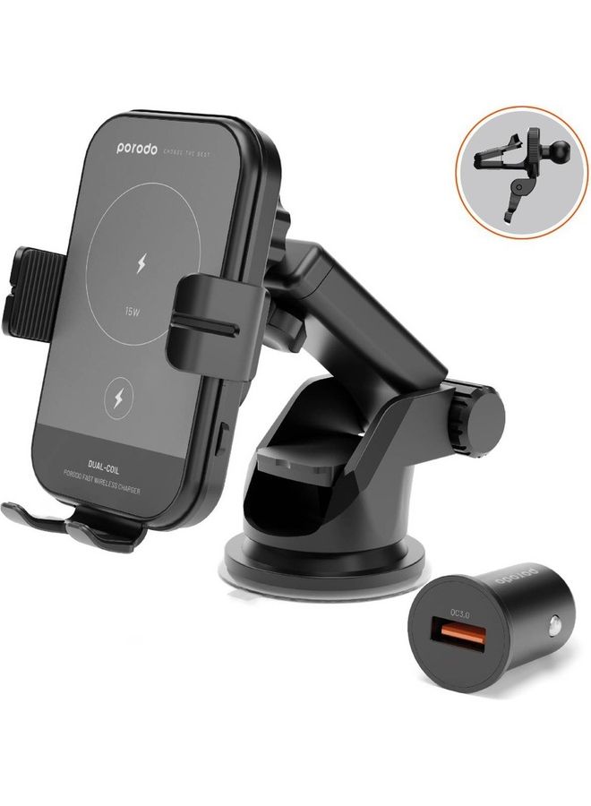 3 In 1 Car Charger Mount 15W With QC3.0 Car Charger, 360 Rotation, Rotating Joints, Extendable And Fast Wireless Charging For iPhone14/13 Pro/12 Pro/12/11, Galaxy S22/S21+/S20 Ultra Etc Black