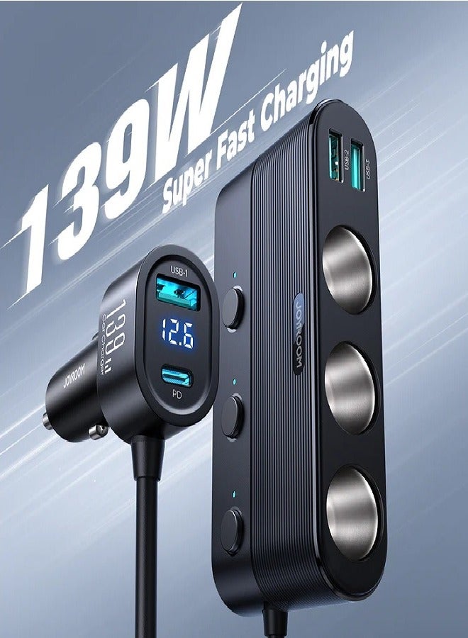 Cigarette Lighter Adapter, 139W Car Charger Adapter With PD30W Charge(3.3FT Cable), 24V/ 12V Car Splitter Adapter With Independent Switches And LED Voltage Display For All Car Devices Black