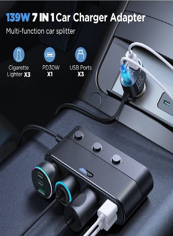 Cigarette Lighter Adapter, 139W Car Charger Adapter With PD30W Charge(3.3FT Cable), 24V/ 12V Car Splitter Adapter With Independent Switches And LED Voltage Display For All Car Devices Black