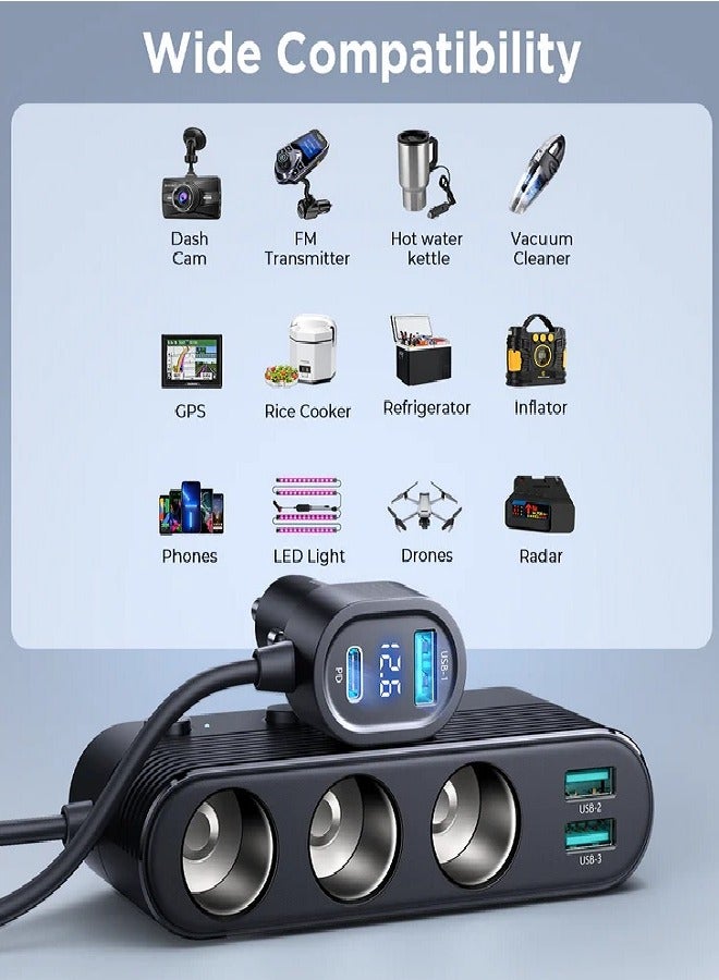 Cigarette Lighter Adapter, 139W Car Charger Adapter With PD30W Charge(3.3FT Cable), 24V/ 12V Car Splitter Adapter With Independent Switches And LED Voltage Display For All Car Devices Black