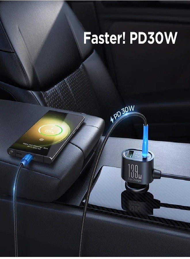 Cigarette Lighter Adapter, 139W Car Charger Adapter With PD30W Charge(3.3FT Cable), 24V/ 12V Car Splitter Adapter With Independent Switches And LED Voltage Display For All Car Devices Black