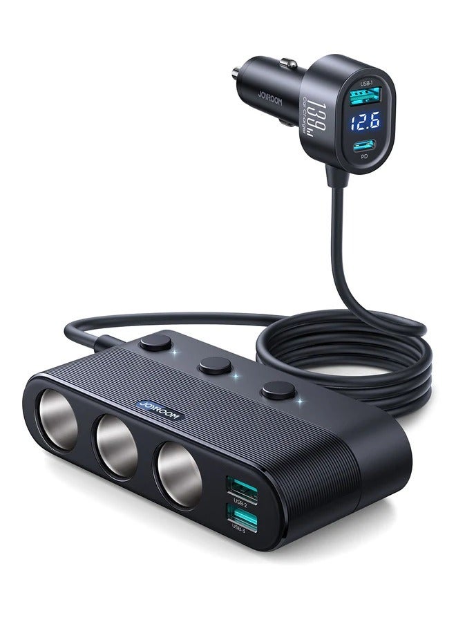 Cigarette Lighter Adapter, 139W Car Charger Adapter With PD30W Charge(3.3FT Cable), 24V/ 12V Car Splitter Adapter With Independent Switches And LED Voltage Display For All Car Devices Black