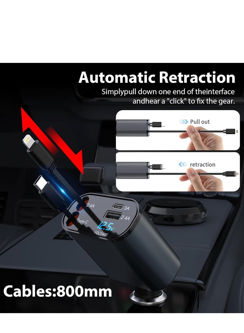 Retractable Fast Car Charger USB C Car Charger Fast Charging 120W 2 Retractable Cable and USB Port Car Charger Adapter