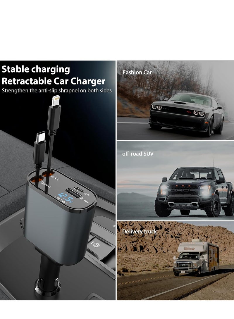 Retractable Fast Car Charger USB C Car Charger Fast Charging 120W 2 Retractable Cable and USB Port Car Charger Adapter