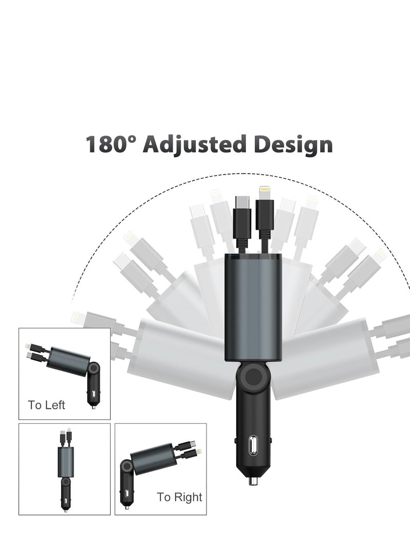 Retractable Fast Car Charger USB C Car Charger Fast Charging 120W 2 Retractable Cable and USB Port Car Charger Adapter