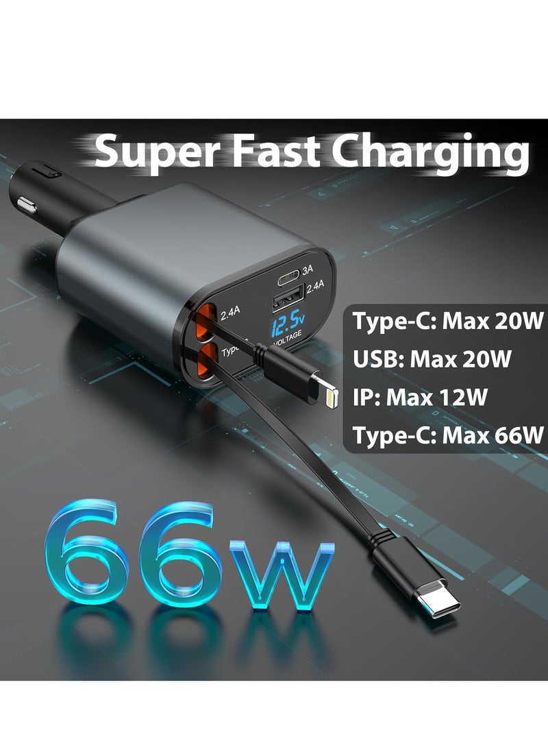 Retractable Fast Car Charger USB C Car Charger Fast Charging 120W 2 Retractable Cable and USB Port Car Charger Adapter