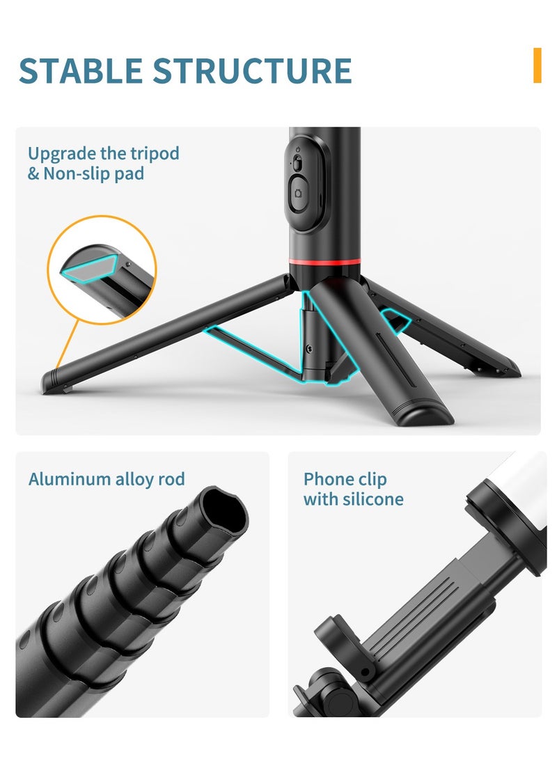29.92”Selfie Stick Tripod with fill light, Extendable Aluminum Tripod with Rechargeable Bluetooth Remote, Compatible with iPhone and Android Smartphones, Perfect for Travel, Vlog, Video and Photo