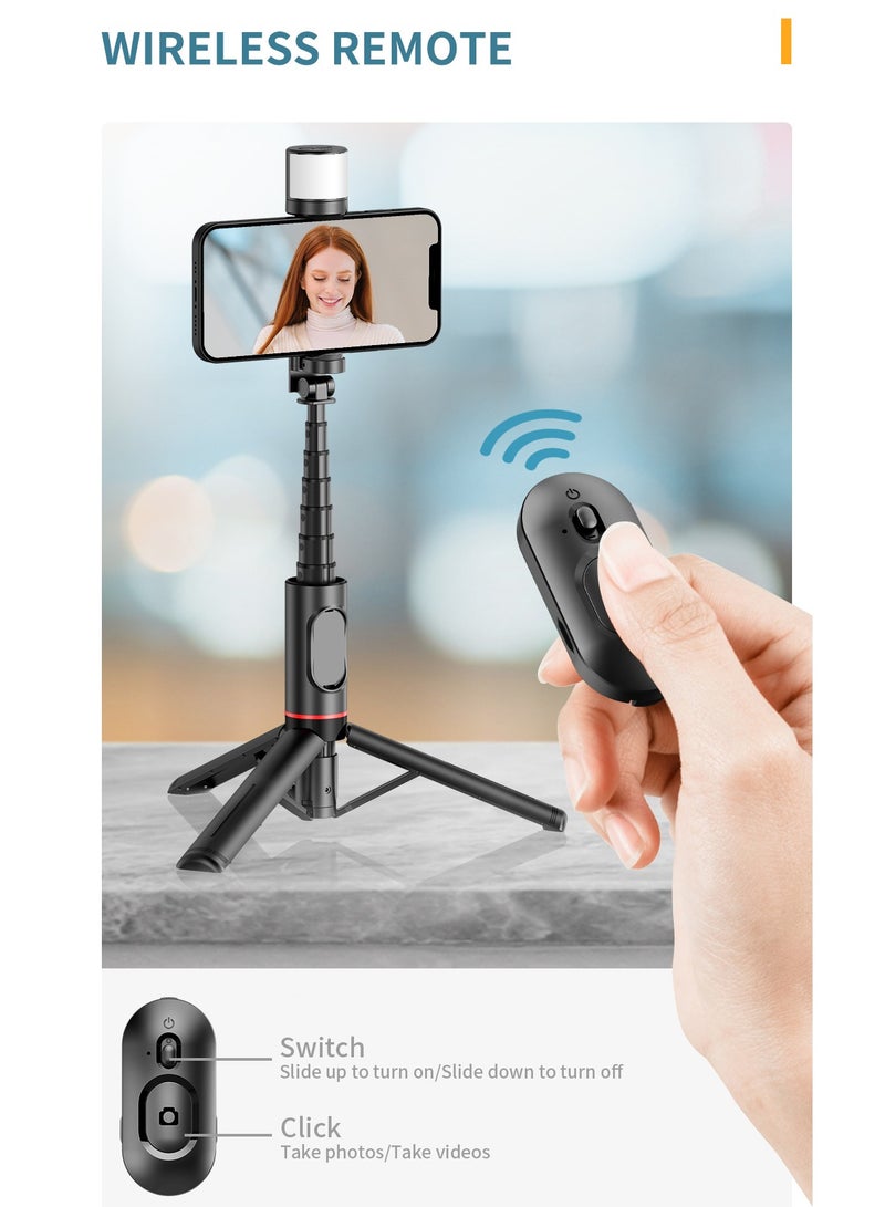 29.92”Selfie Stick Tripod with fill light, Extendable Aluminum Tripod with Rechargeable Bluetooth Remote, Compatible with iPhone and Android Smartphones, Perfect for Travel, Vlog, Video and Photo
