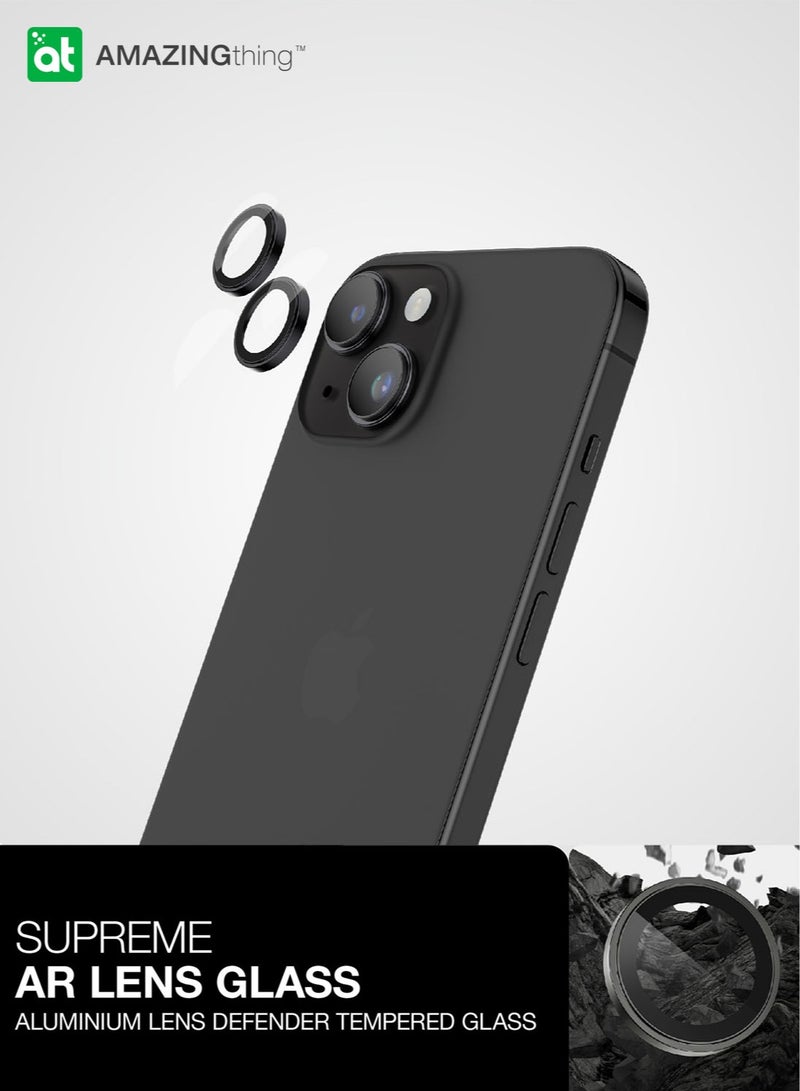 Supreme Tempered Glass for iPhone 15 and iPhone 15 PLUS Camera Lens Protector Aluminum AR Lens Defender - Black