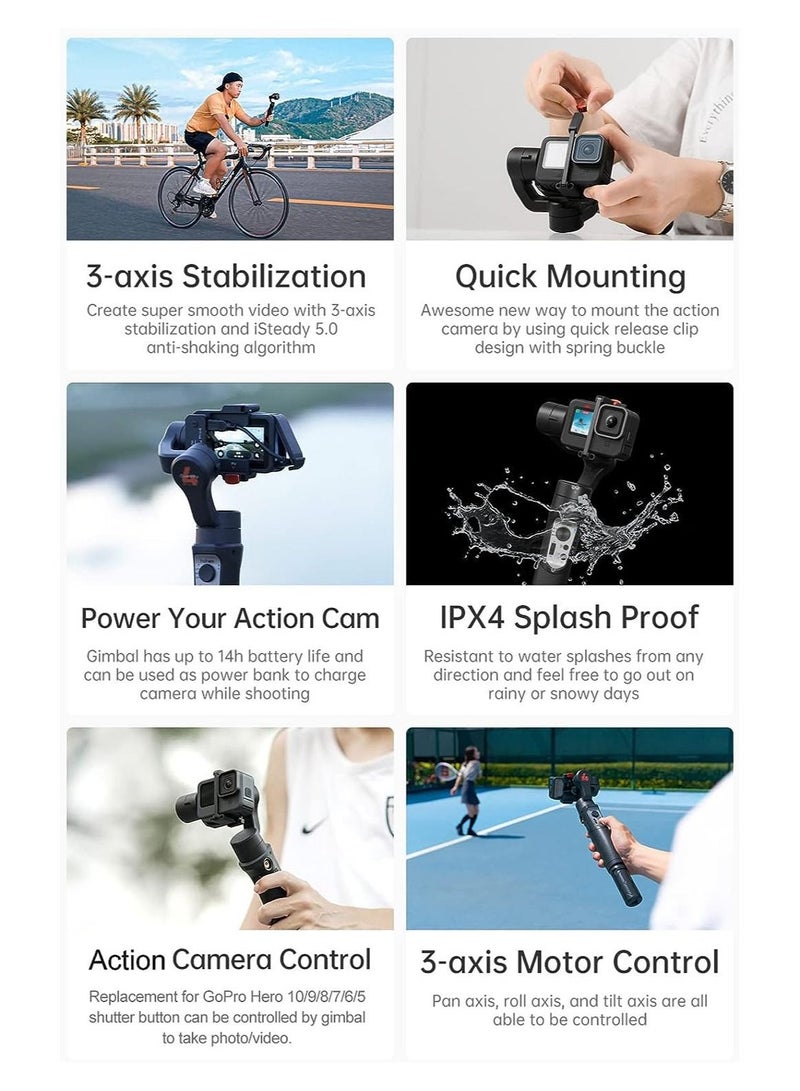 action camera gimbal，iSteady Pro 4 3-Axis Handheld Sports Camera Gimbal Stabilizer Wireless Control Splash Proof Stabilizer Replacement for GoPro 11 10 9 8 7 6 5 4 3 OSMO Action Insta360 One R