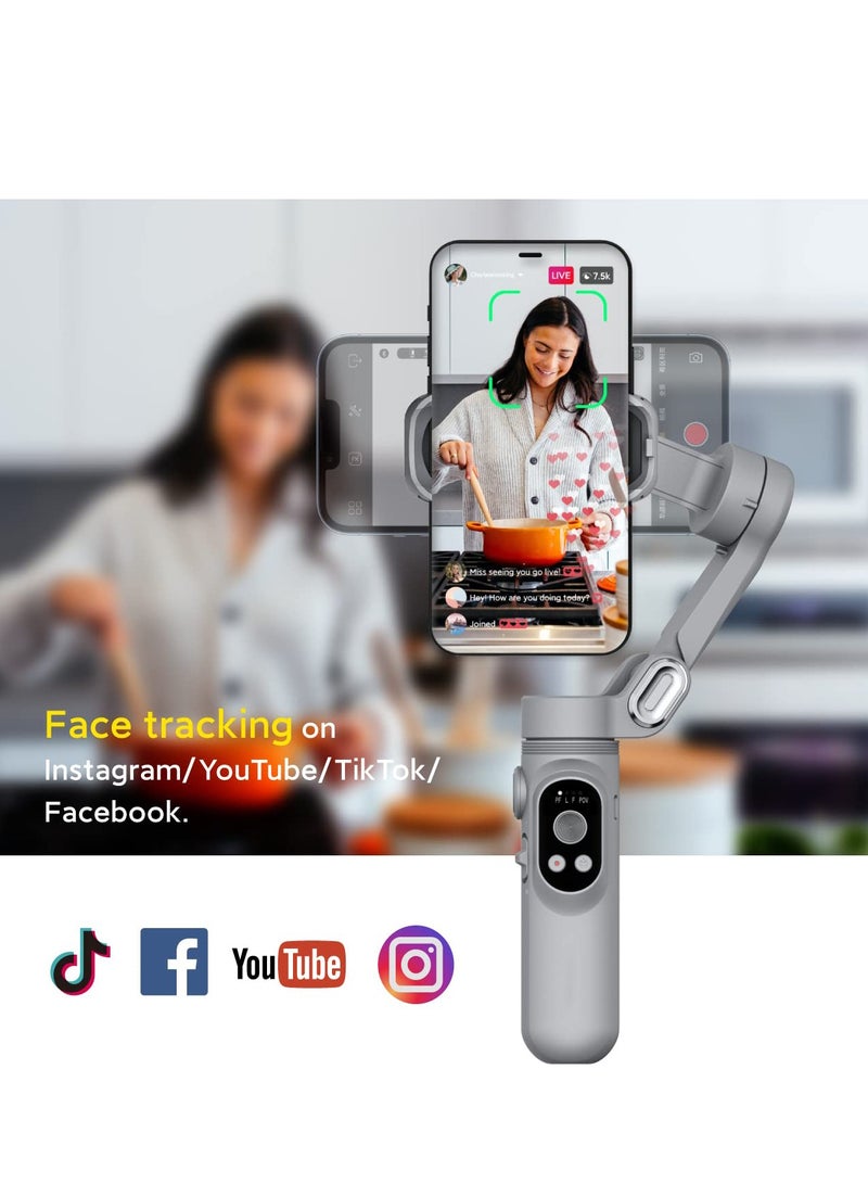 Gimbal Stabilizer for Smartphone, w/LED Light Face Tracking Inception Timelapse Handheld Foldable 3-Axis Gimble for iPhone 15/14/13 Pro Max & Android, Phone Stabilizer for Video Recording