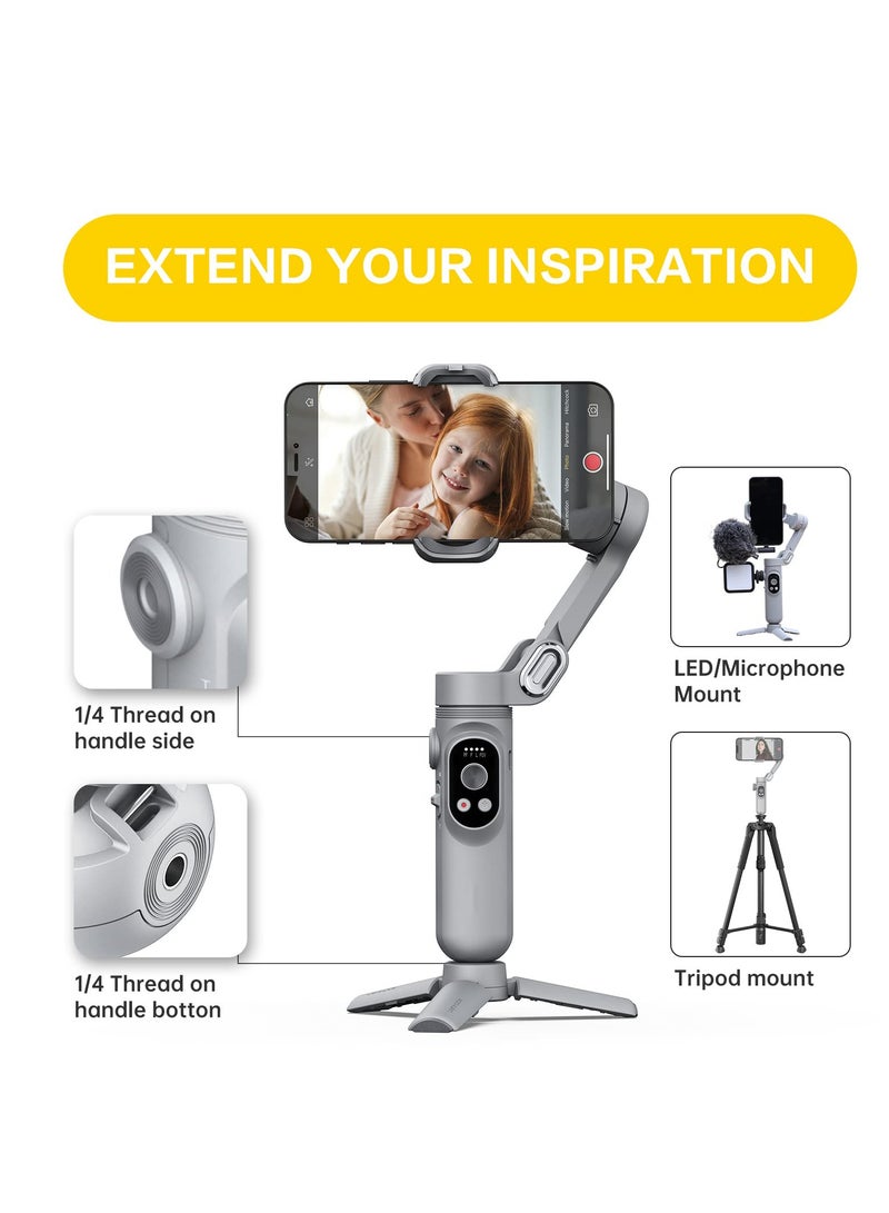 Gimbal Stabilizer for Smartphone, w/LED Light Face Tracking Inception Timelapse Handheld Foldable 3-Axis Gimble for iPhone 15/14/13 Pro Max & Android, Phone Stabilizer for Video Recording