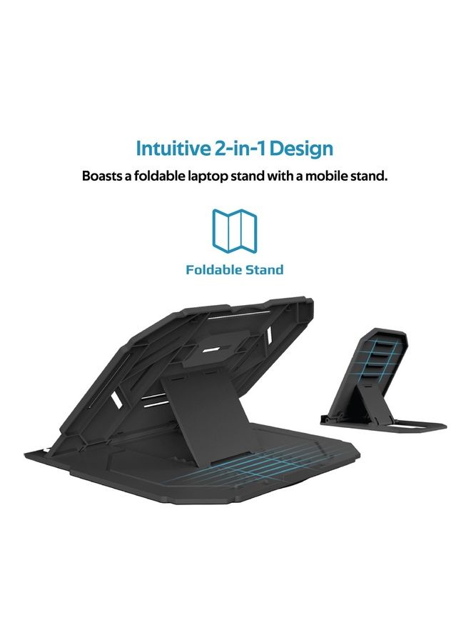 2-In-1 Foldable Laptop And Smartphone Riser Stand With 360 Degree Rotatable Base Black