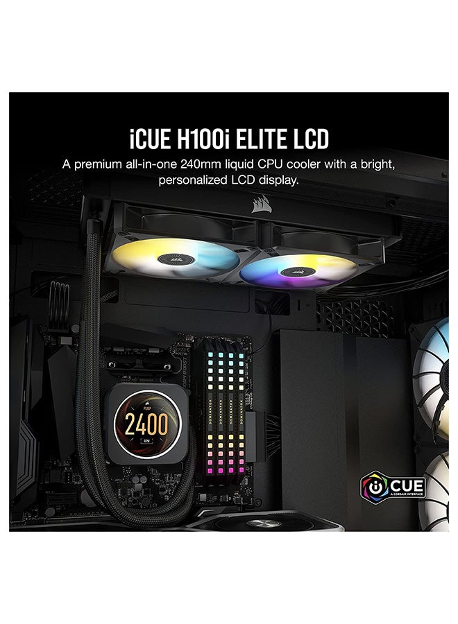 iCUE H100i ELITE LCD Display Liquid CPU Cooler-Custom IPS LCD Screen-40 Dynamic RGB LEDs-120mm Fans-240mm Radiator-COMMANDER CORE Smart Lighting Controller Black