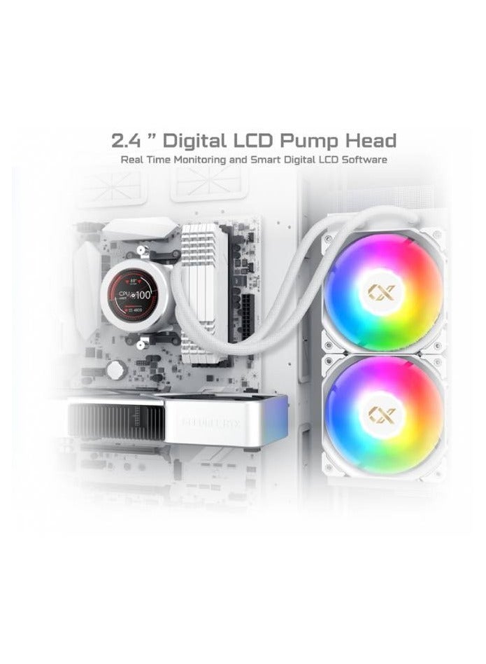 FROZR-O II 240 (AIO Liquid Cooler, White, LCD Pump Head, 2xX22A PWM ARGB Fan, Galaxy II Fan Control Box & Remote) EN40436