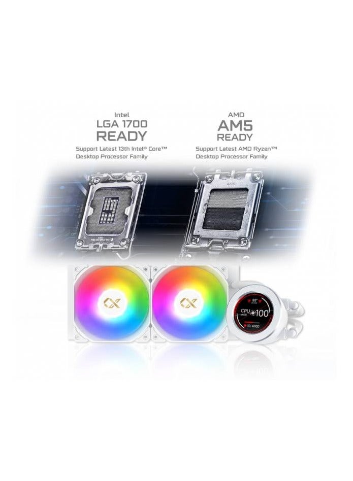 FROZR-O II 240 (AIO Liquid Cooler, White, LCD Pump Head, 2xX22A PWM ARGB Fan, Galaxy II Fan Control Box & Remote) EN40436