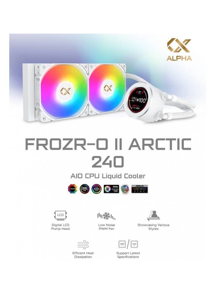 FROZR-O II 240 (AIO Liquid Cooler, White, LCD Pump Head, 2xX22A PWM ARGB Fan, Galaxy II Fan Control Box & Remote) EN40436