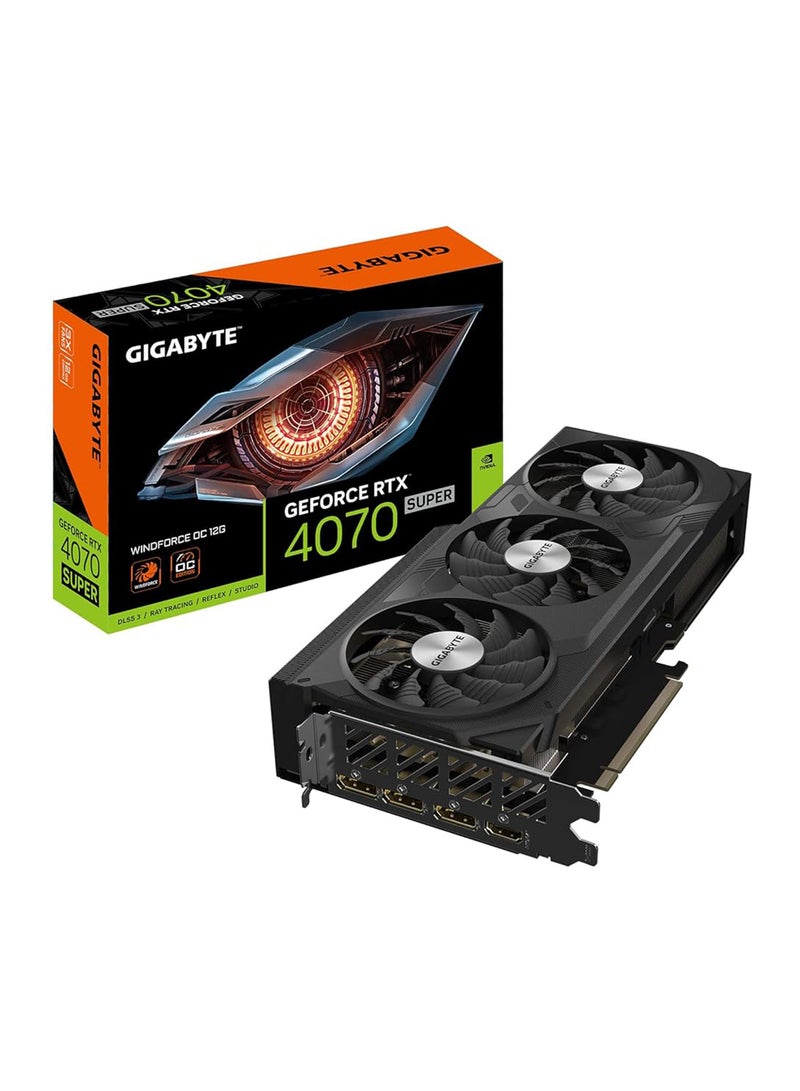 GeForce RTX 4070 SUPER WINDFORCE OC Graphics Crad, 12GB GDDR6X 192 bit Memory, 2505 MHz Core Clock, 21 Gbps Memory Speed, 7168 CUDA, PCI-E 4.0, HDMI 2.1a, DP 1.4a | GV-N407SWF3OC-12GD Black