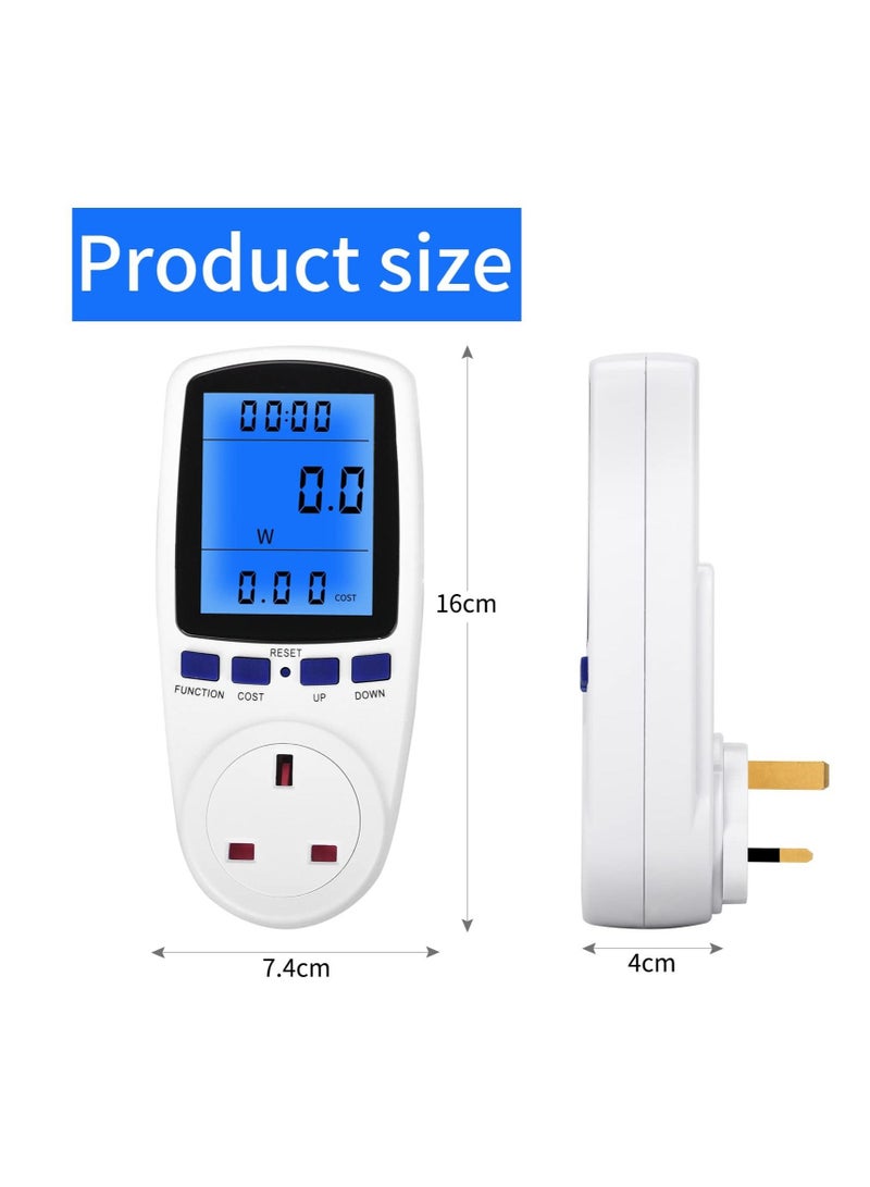 Power Meter Energy Monitor 240V/13A Watt Meter Plug UK, Power Meter Electricity Usage Monitor, With Backlight LCD Display and 7 Monitoring Modes for Home Hotel Blue Backlight