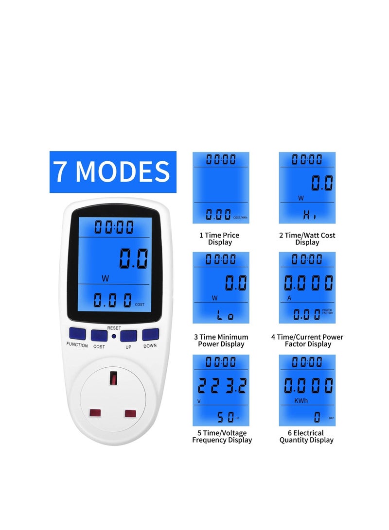 Power Meter Energy Monitor 240V/13A Watt Meter Plug UK, Power Meter Electricity Usage Monitor, With Backlight LCD Display and 7 Monitoring Modes for Home Hotel Blue Backlight