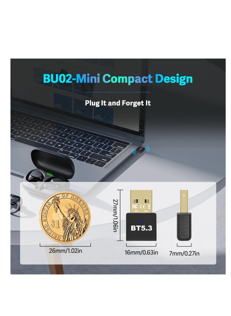 Bluetooth 5.3 USB Adapter for PC Desktop,, Wireless Transmitter Dongle for Windows 11/10/8.1/7 Computer Laptop, Plug and Play, No Driver Required, for Headset Speaker Keyboard Mouse Printer