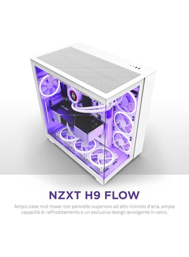NZXT H9 Flow Dual-Chamber Mid-Tower ATX Gaming PC Case, High-Airflow Top Panel, Temp Glass Front & Side, Up to 360mm Radiator & 10x 120mm Fans Support, USB 3.2 Type-C & A Ports, White | CM-H91FW-01