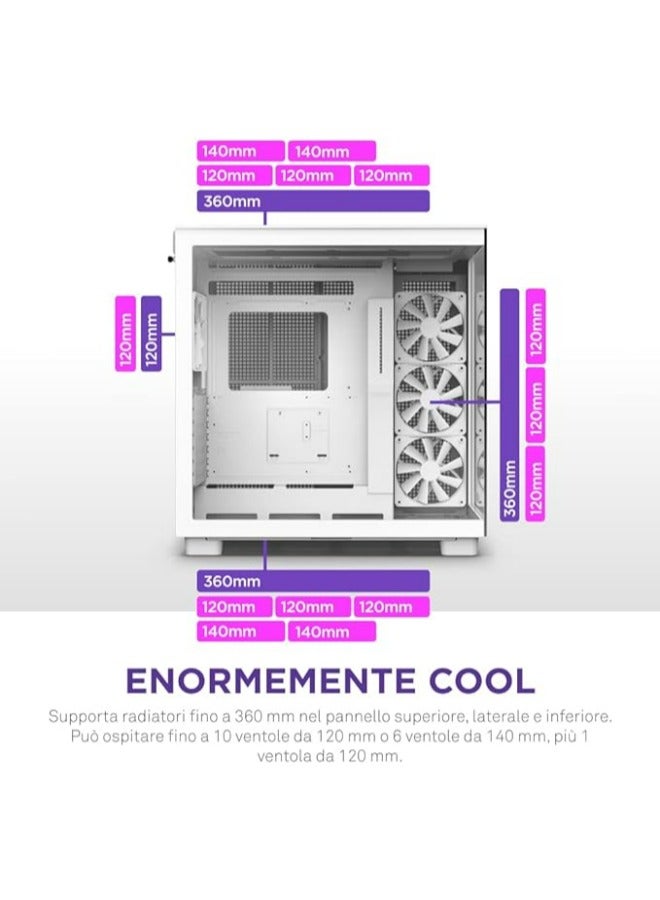 NZXT H9 Flow Dual-Chamber Mid-Tower ATX Gaming PC Case, High-Airflow Top Panel, Temp Glass Front & Side, Up to 360mm Radiator & 10x 120mm Fans Support, USB 3.2 Type-C & A Ports, White | CM-H91FW-01