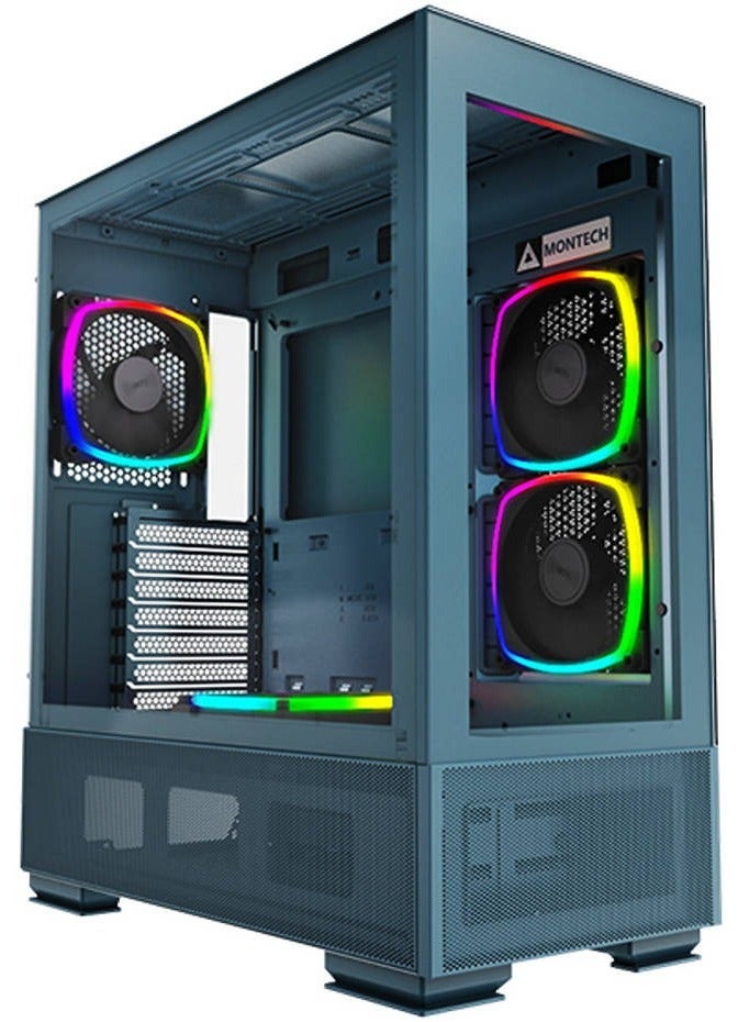 Montech Sky Two, Dual Tempered Glass, 4X PWM ARGB Fans Pre-Installed, ATX Gaming Mid Tower Computer Case, Type C, High Airflow Performance- Morocco Blue