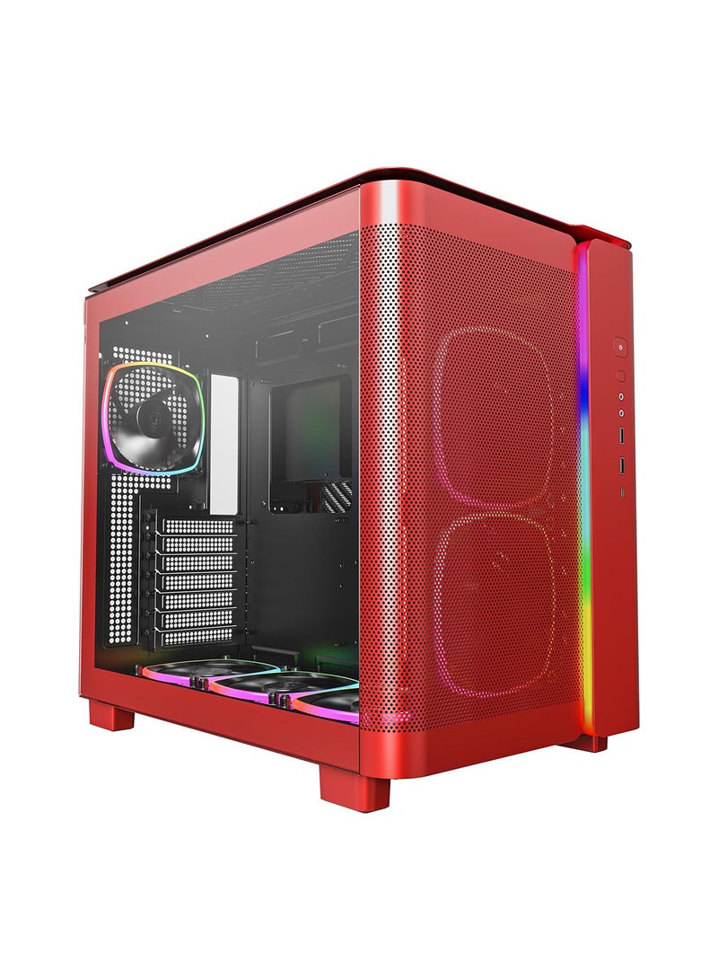 King 95 PRO Dual-Chamber ATX Mid-Tower PC Gaming Case, High-Airflow, Toolless Panels, Sturdy Curved Tempered Glass Front, 6 ARGB PWM Fan Pre-Installed with Fan Hub, Red