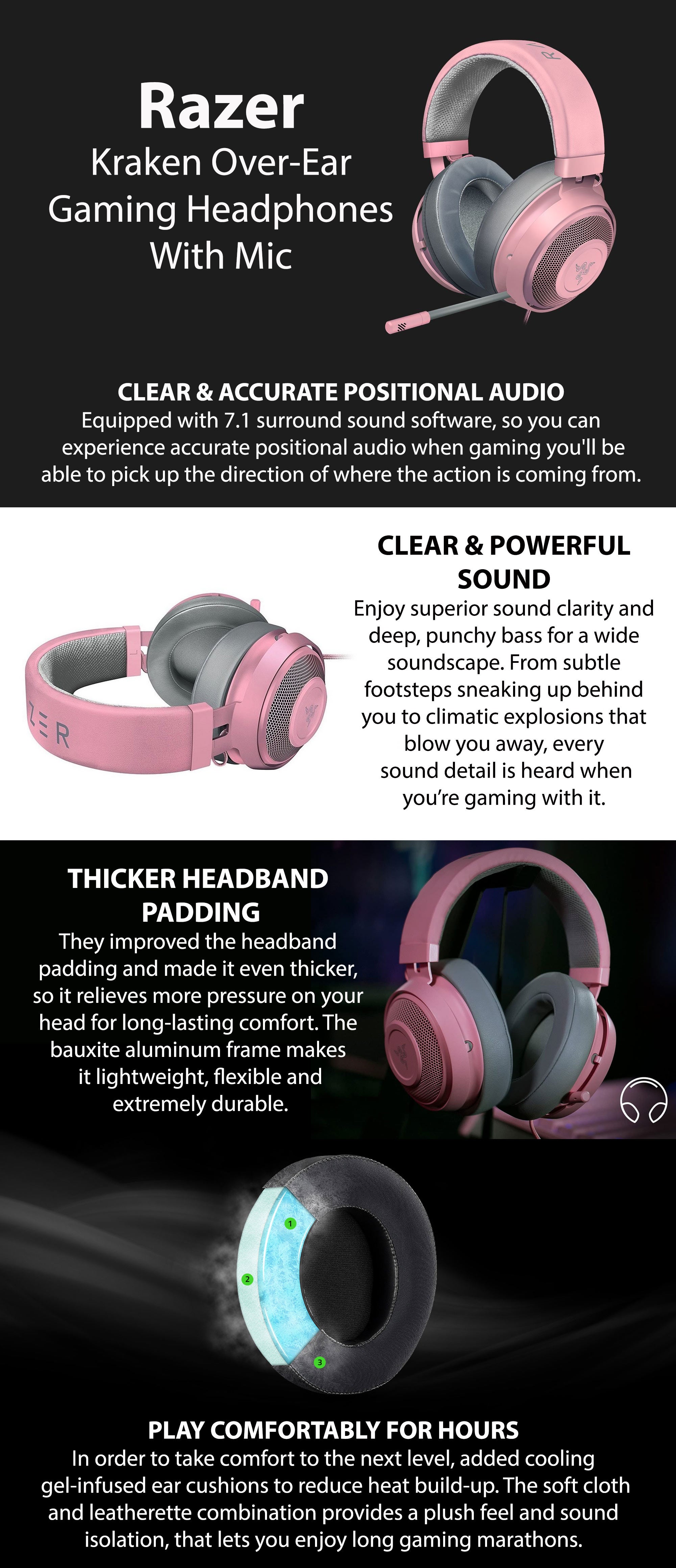 Razer Kraken Gaming Headset, Lightweight Aluminum Frame, Retractable Noise Isolating Microphone, For PC, PS4, PS5, Switch, Xbox One, Xbox Series X & S, Mobile, 3.5 mm Audio Jack - Quartz Pink