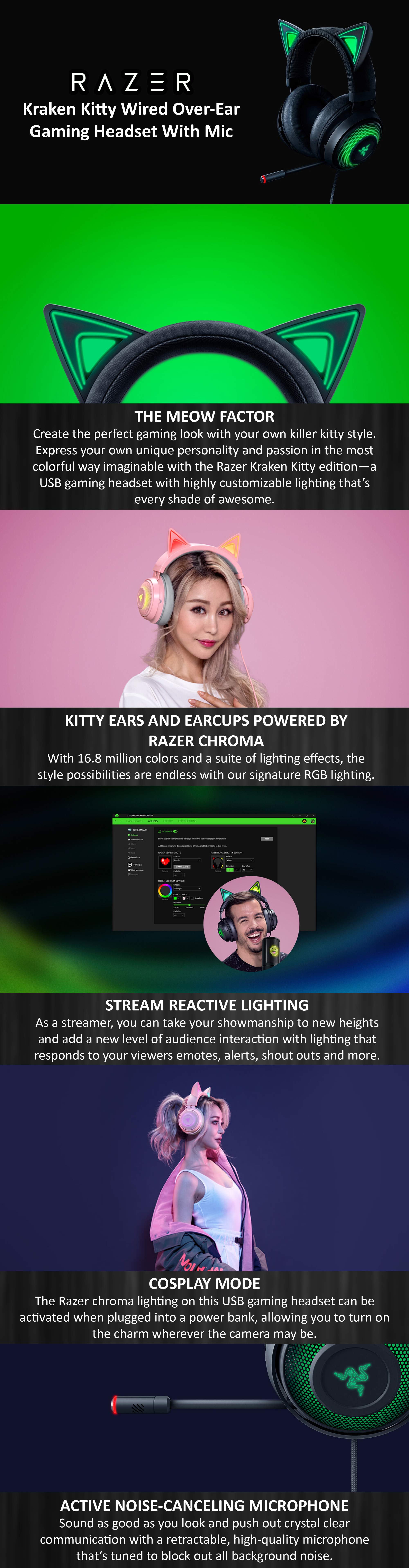 Kraken Kitty RGB USB Gaming Headset - THX 7.1 Spatial Surround Sound, Chroma RGB Lighting, Retractable Active Noise Cancelling Mic, Lightweight Aluminum Frame for PC - Classic