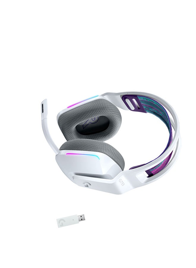 G733 LightSpeed Wireless RGB Gaming Headset, PRO-G 40mm Driver, 6mm Cardioid Pickup Pattern Microphone, DTS Headphone X 2.0 Surround Sound, 16.8m Light Color, White | 981-000883