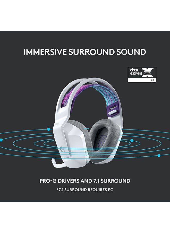 G733 LightSpeed Wireless RGB Gaming Headset, PRO-G 40mm Driver, 6mm Cardioid Pickup Pattern Microphone, DTS Headphone X 2.0 Surround Sound, 16.8m Light Color, White | 981-000883