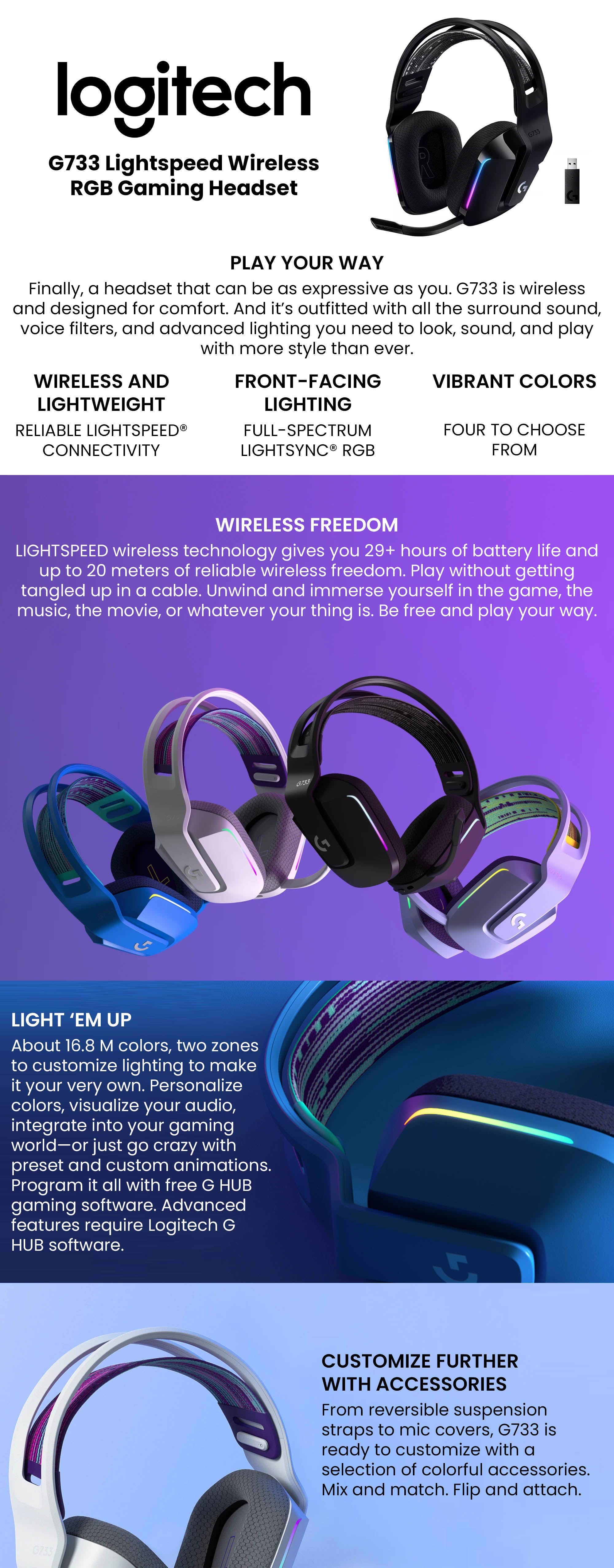 G733 Lightspeed Wireless Gaming Headset With Suspension Head Band, Lightsync RGB, Blue Voice Mic Technology And PRO-G Audio Drivers